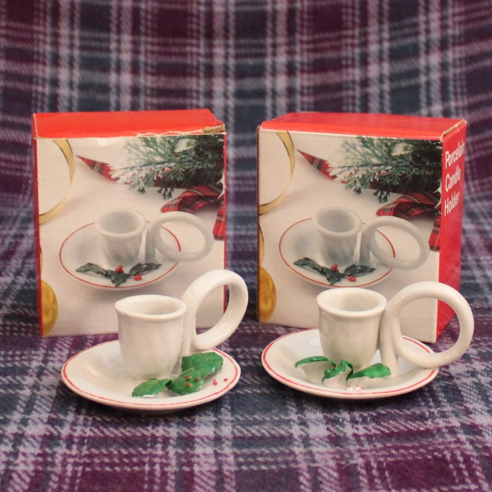 NOS Porcelain Holly Candle Holders